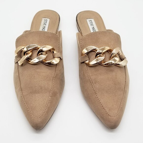 Steve Madden Finely Tan Beige Pointed Toe Gold Chunky Chain Slip On Mules  9.5 - Picture 2 of 15